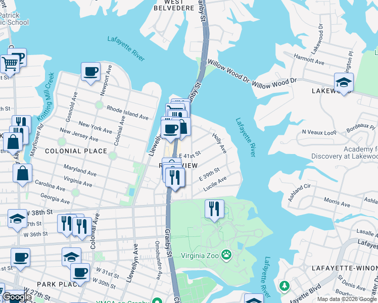 map of restaurants, bars, coffee shops, grocery stores, and more near 4126 Granby Street in Norfolk
