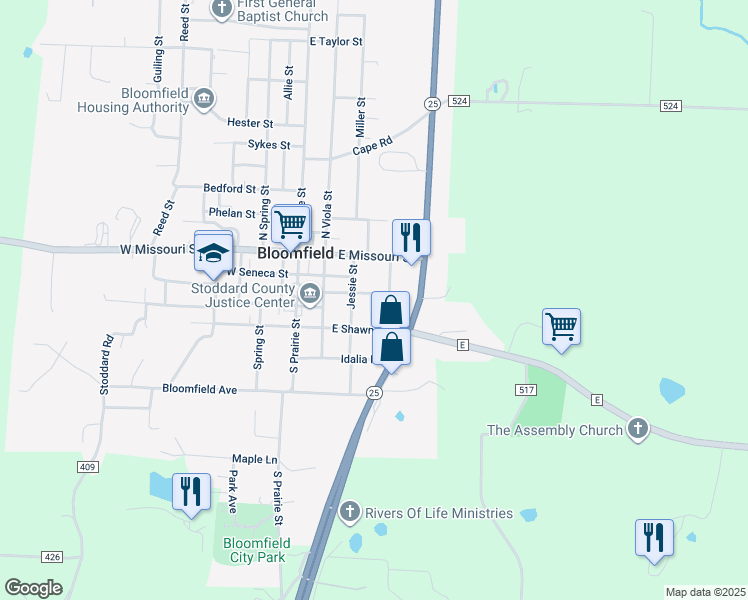 map of restaurants, bars, coffee shops, grocery stores, and more near 301 East Court Street in Bloomfield