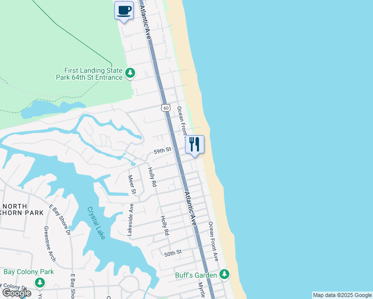 map of restaurants, bars, coffee shops, grocery stores, and more near 110 58th Street in Virginia Beach