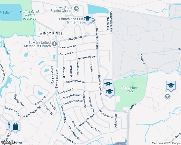 map of restaurants, bars, coffee shops, grocery stores, and more near 4216 Thistle Drive in Portsmouth