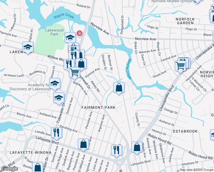map of restaurants, bars, coffee shops, grocery stores, and more near 2202 Silbert Road in Norfolk