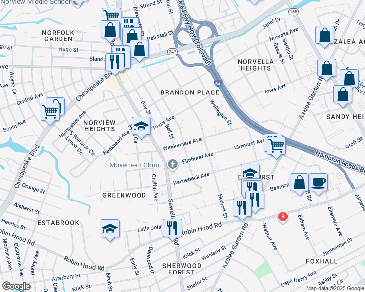 map of restaurants, bars, coffee shops, grocery stores, and more near 4849 Windermere Avenue in Norfolk
