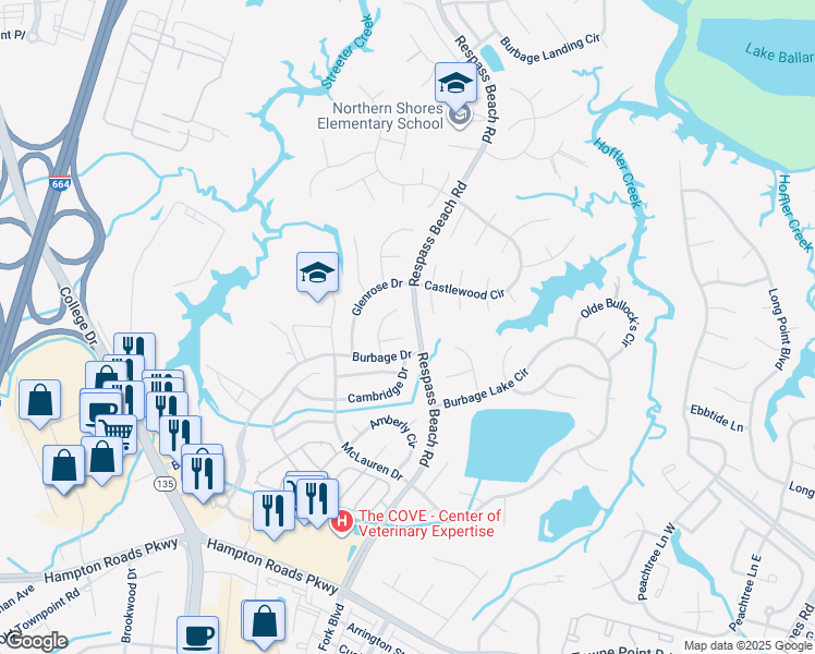 map of restaurants, bars, coffee shops, grocery stores, and more near 6304 Sentry Way North in Suffolk