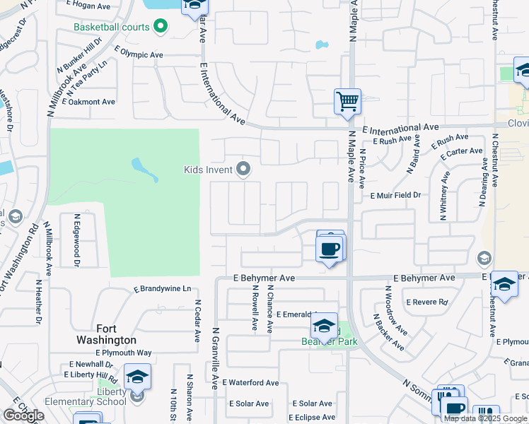 map of restaurants, bars, coffee shops, grocery stores, and more near 10234 North Rowell Avenue in Fresno