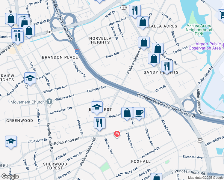 map of restaurants, bars, coffee shops, grocery stores, and more near 5247 Elmhurst Avenue in Norfolk