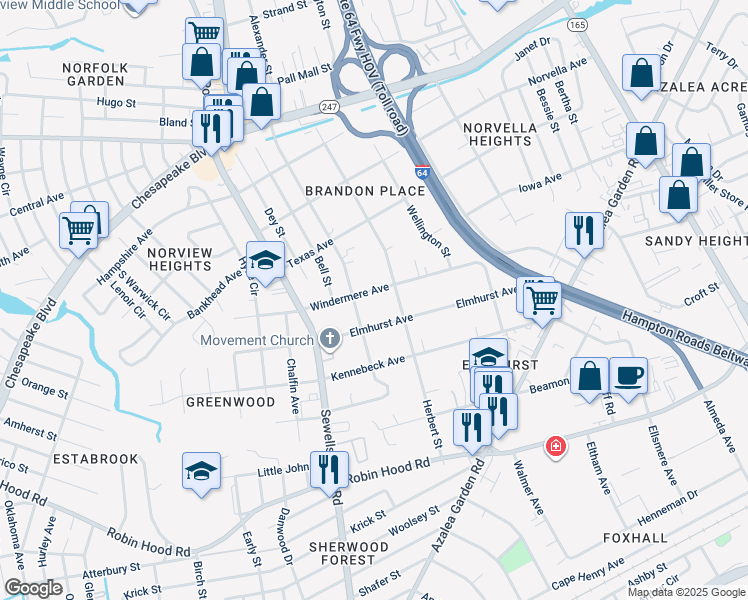 map of restaurants, bars, coffee shops, grocery stores, and more near 4871 Windermere Avenue in Norfolk