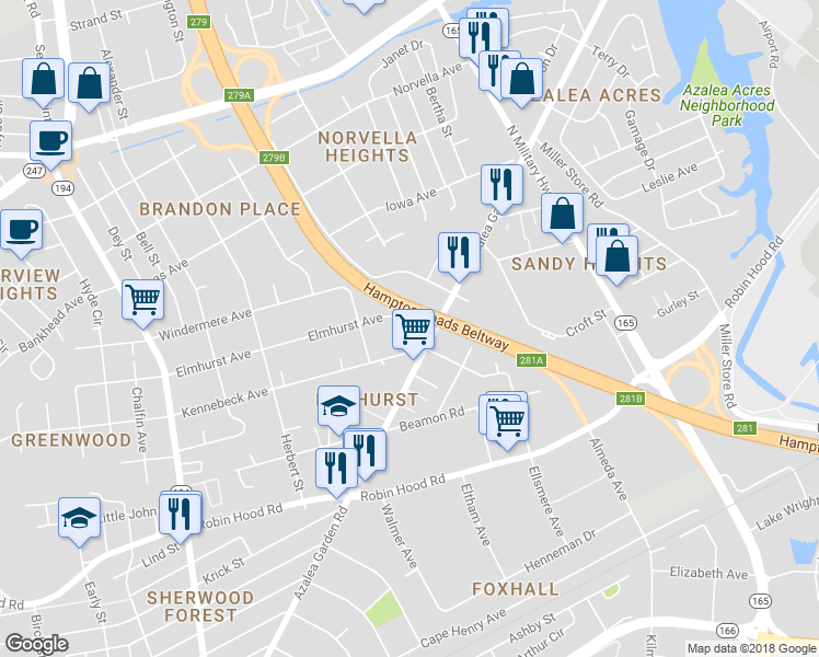 map of restaurants, bars, coffee shops, grocery stores, and more near 5247 Elmhurst Avenue in Norfolk