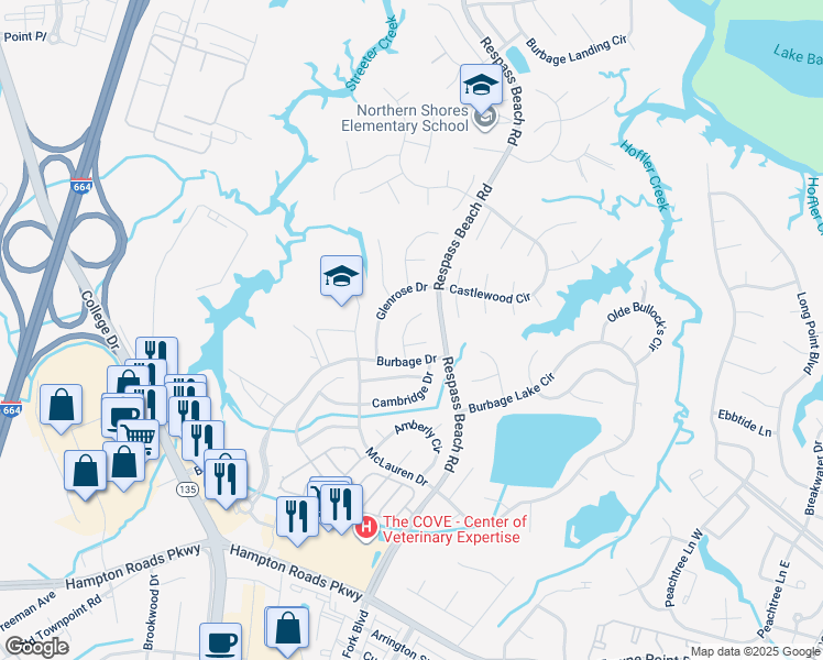 map of restaurants, bars, coffee shops, grocery stores, and more near 6213 Calvert Court in Suffolk