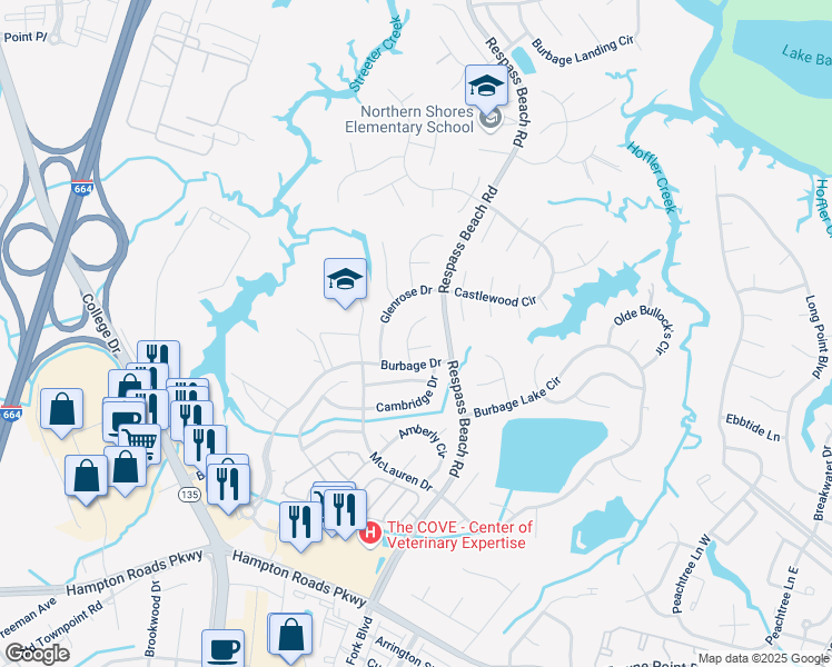 map of restaurants, bars, coffee shops, grocery stores, and more near 6204 Calvert Court in Suffolk