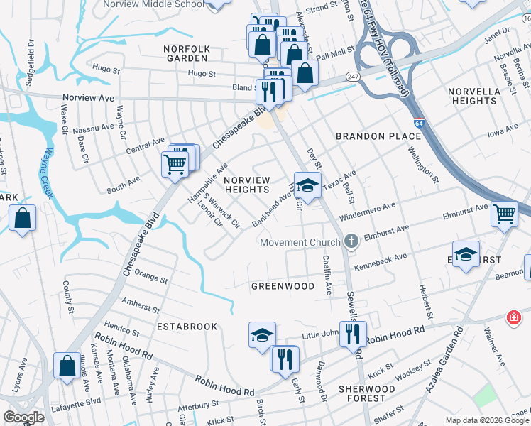 map of restaurants, bars, coffee shops, grocery stores, and more near 3512 Essex Circle in Norfolk