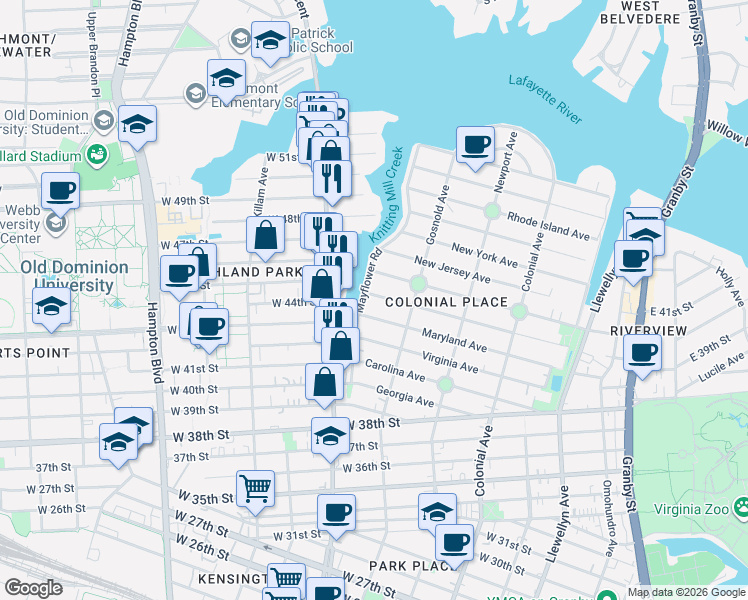 map of restaurants, bars, coffee shops, grocery stores, and more near 4410 Mayflower Road in Norfolk