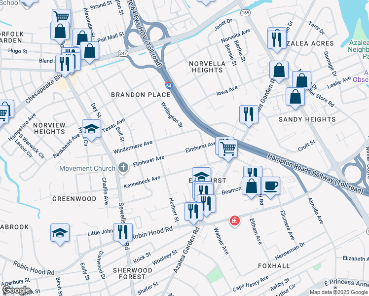 map of restaurants, bars, coffee shops, grocery stores, and more near 5150 Elmhurst Avenue in Norfolk
