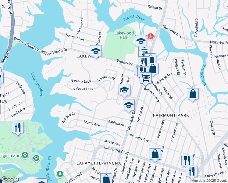 map of restaurants, bars, coffee shops, grocery stores, and more near 1554 Bordeaux Place in Norfolk