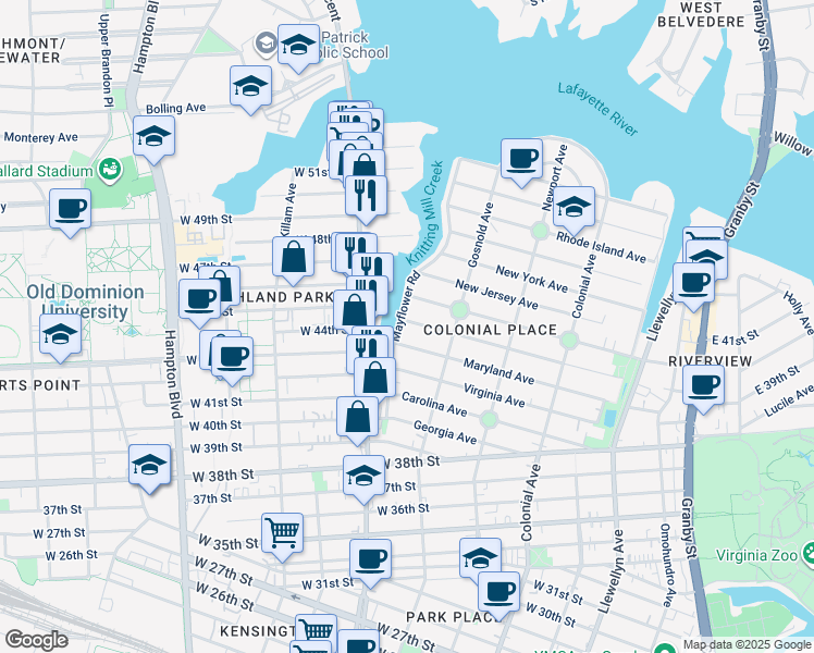 map of restaurants, bars, coffee shops, grocery stores, and more near 741 Pennsylvania Avenue in Norfolk