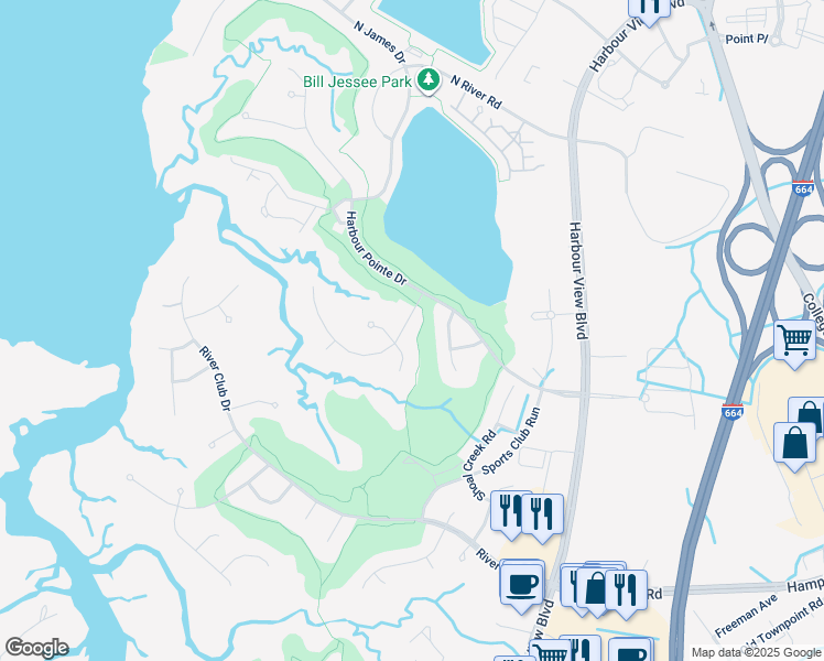 map of restaurants, bars, coffee shops, grocery stores, and more near 6003 Spinnaker Cove Court in Suffolk