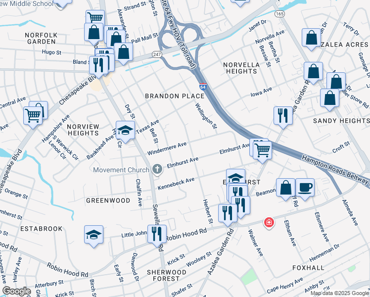 map of restaurants, bars, coffee shops, grocery stores, and more near 4883 Windermere Avenue in Norfolk