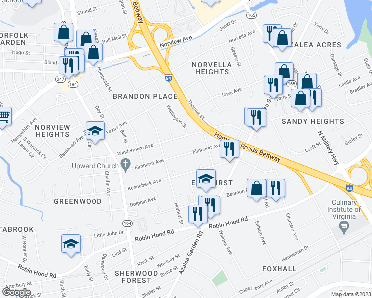 map of restaurants, bars, coffee shops, grocery stores, and more near 5144 Elmhurst Avenue in Norfolk