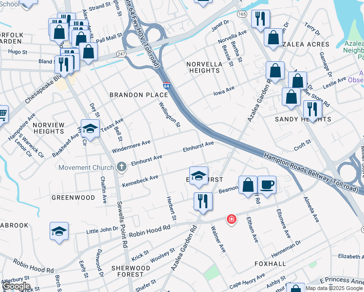 map of restaurants, bars, coffee shops, grocery stores, and more near 5150 Elmhurst Avenue in Norfolk