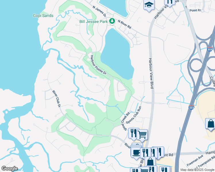 map of restaurants, bars, coffee shops, grocery stores, and more near 6003 Spinnaker Cove Court in Suffolk