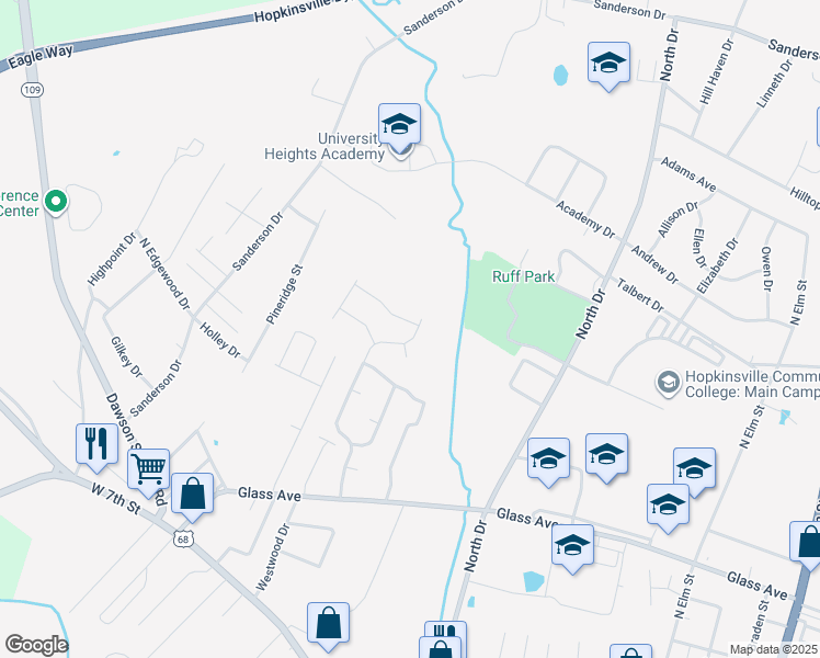 map of restaurants, bars, coffee shops, grocery stores, and more near 1401 Barberry Place in Hopkinsville