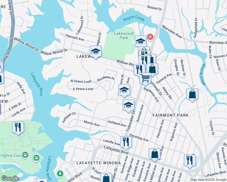 map of restaurants, bars, coffee shops, grocery stores, and more near 1554 Bordeaux Place in Norfolk