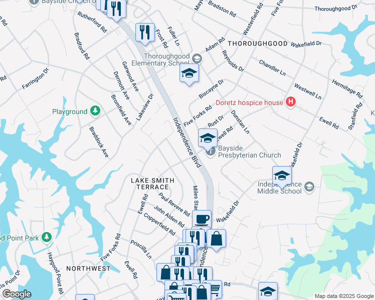map of restaurants, bars, coffee shops, grocery stores, and more near 1421 Independence Boulevard in Virginia Beach