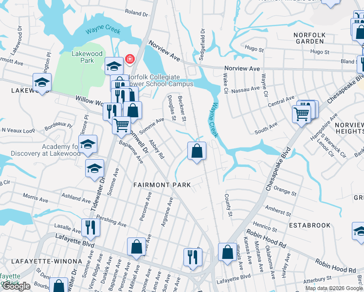map of restaurants, bars, coffee shops, grocery stores, and more near 2202 Silbert Road in Norfolk