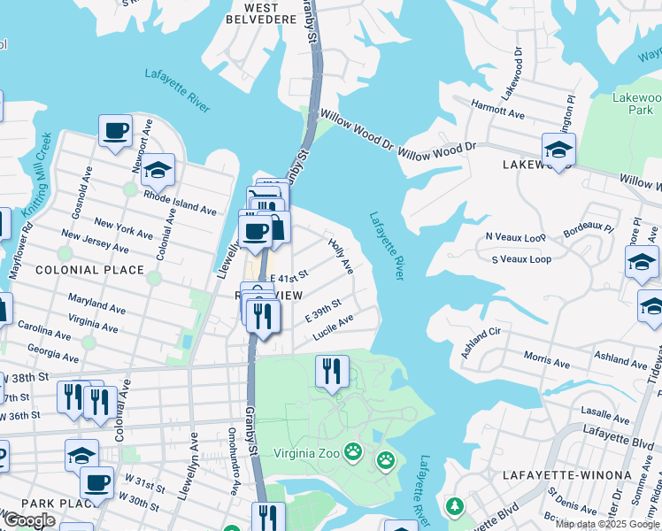 map of restaurants, bars, coffee shops, grocery stores, and more near 4101 Holly Avenue in Norfolk