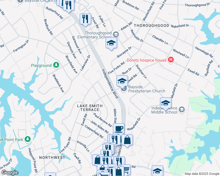 map of restaurants, bars, coffee shops, grocery stores, and more near 1421 Independence Boulevard in Virginia Beach