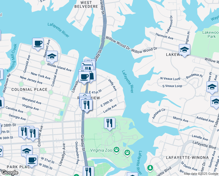 map of restaurants, bars, coffee shops, grocery stores, and more near 4101 Holly Avenue in Norfolk