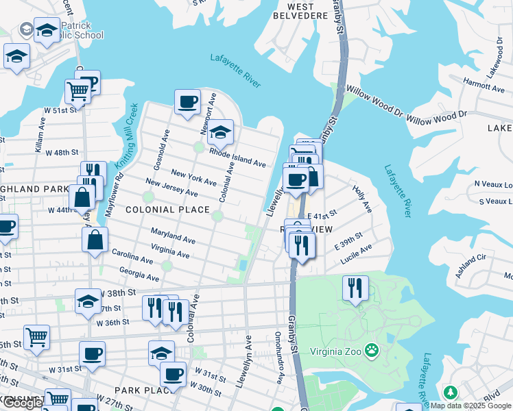 map of restaurants, bars, coffee shops, grocery stores, and more near 4703 Mayflower Road in Norfolk