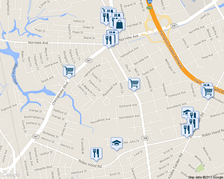 map of restaurants, bars, coffee shops, grocery stores, and more near 3426 Essex Circle in Norfolk