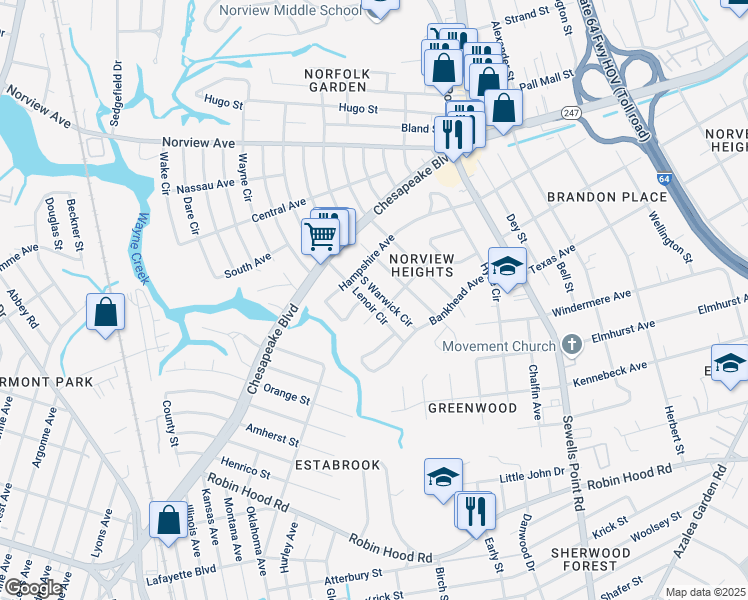 map of restaurants, bars, coffee shops, grocery stores, and more near 3616 South Warwick Circle in Norfolk