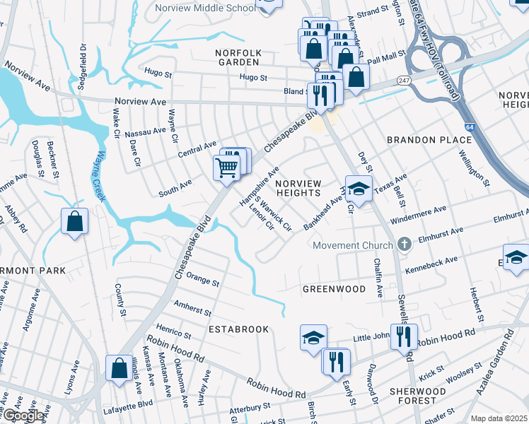 map of restaurants, bars, coffee shops, grocery stores, and more near 3616 South Warwick Circle in Norfolk
