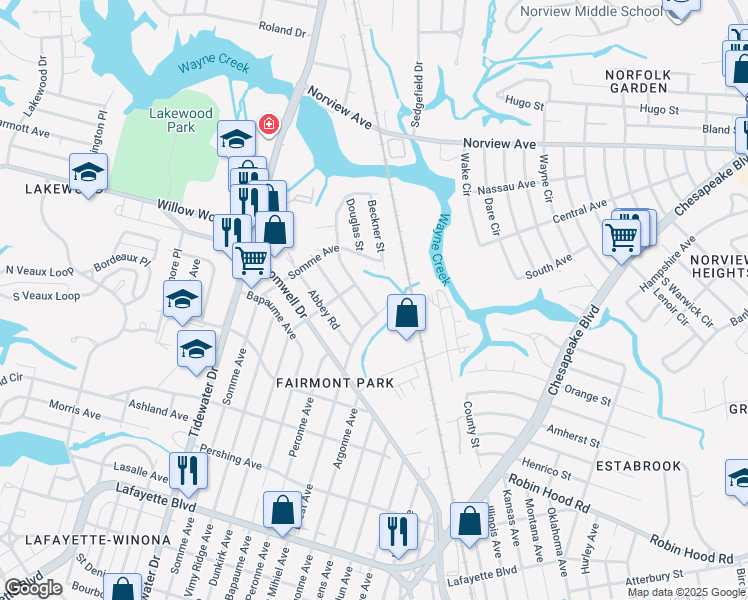 map of restaurants, bars, coffee shops, grocery stores, and more near 2202 Silbert Road in Norfolk