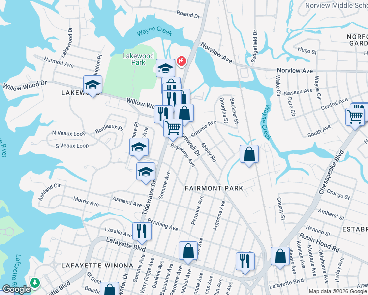 map of restaurants, bars, coffee shops, grocery stores, and more near 2102 Cromwell Drive in Norfolk
