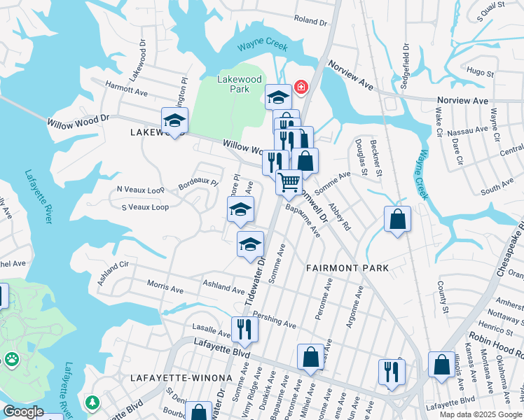 map of restaurants, bars, coffee shops, grocery stores, and more near 3514 Whitechapel Road in Norfolk