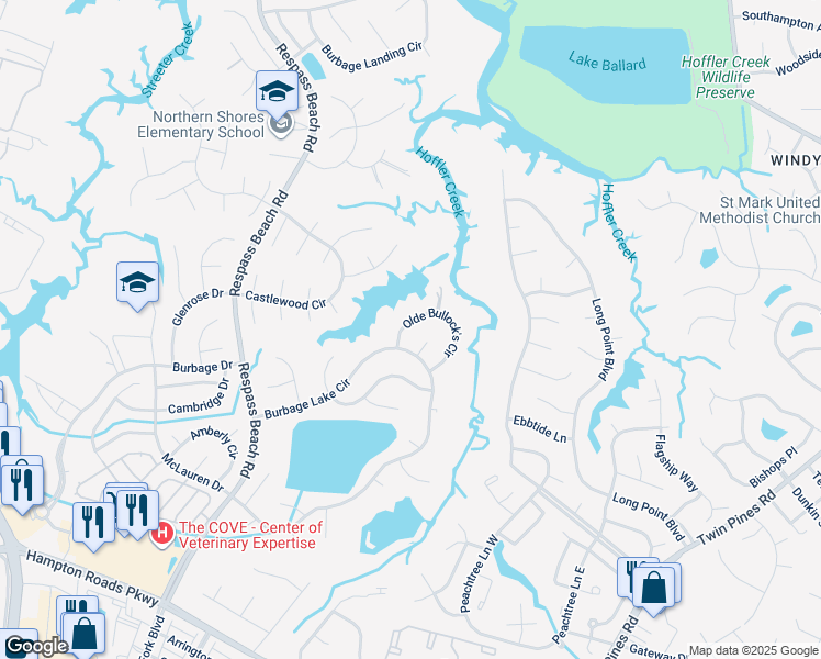 map of restaurants, bars, coffee shops, grocery stores, and more near 6425 Olde Bullock's Circle in Suffolk