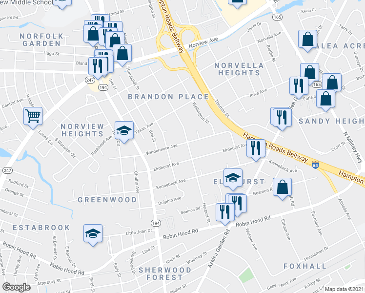 map of restaurants, bars, coffee shops, grocery stores, and more near 4883 Windermere Avenue in Norfolk