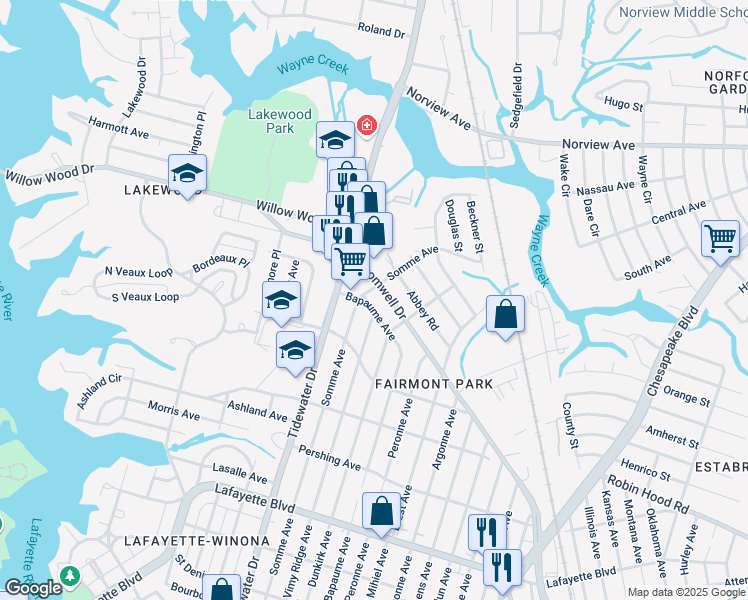 map of restaurants, bars, coffee shops, grocery stores, and more near 2102 Cromwell Drive in Norfolk