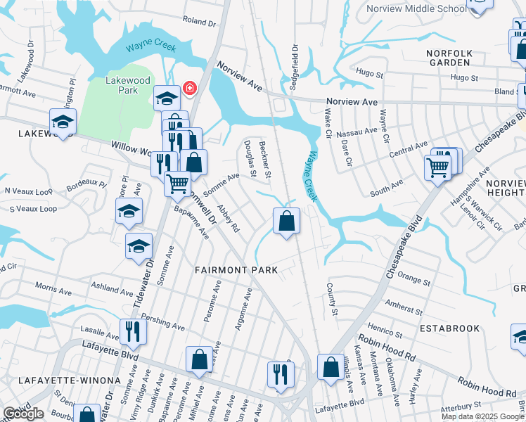 map of restaurants, bars, coffee shops, grocery stores, and more near 2202 Silbert Road in Norfolk