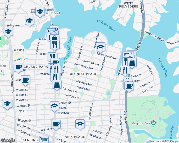 map of restaurants, bars, coffee shops, grocery stores, and more near 4504 Newport Avenue in Norfolk