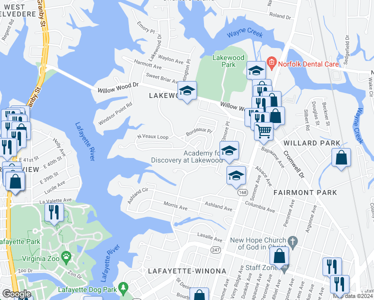 map of restaurants, bars, coffee shops, grocery stores, and more near 1459 South Veaux Loop in Norfolk