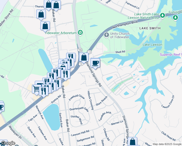 map of restaurants, bars, coffee shops, grocery stores, and more near Colgin Drive in Virginia Beach