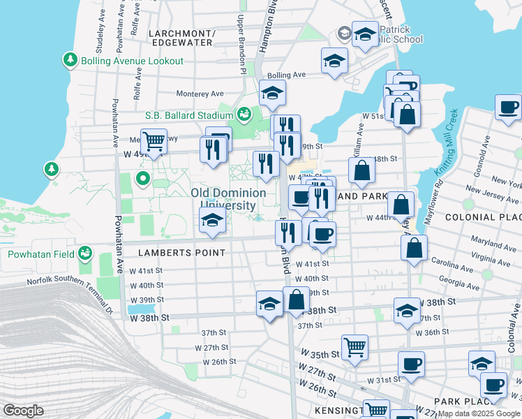map of restaurants, bars, coffee shops, grocery stores, and more near 1200 West 49th Street in Norfolk