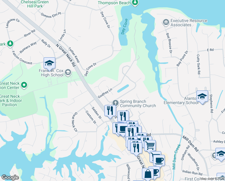 map of restaurants, bars, coffee shops, grocery stores, and more near 1536 Godfrey Lane in Virginia Beach
