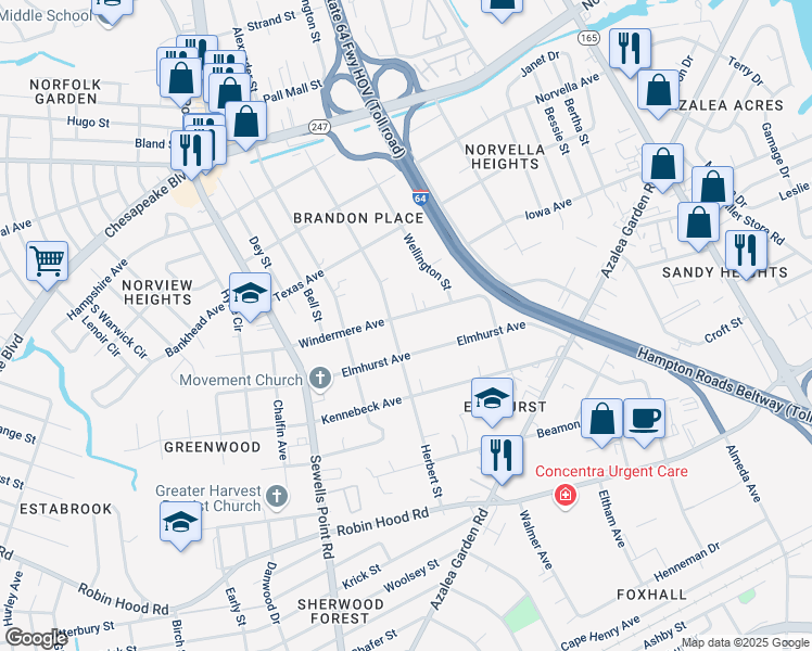 map of restaurants, bars, coffee shops, grocery stores, and more near 5113 Windermere Avenue in Norfolk