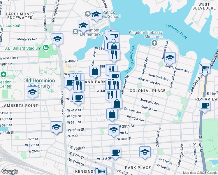 map of restaurants, bars, coffee shops, grocery stores, and more near 819 West 45th Street in Norfolk