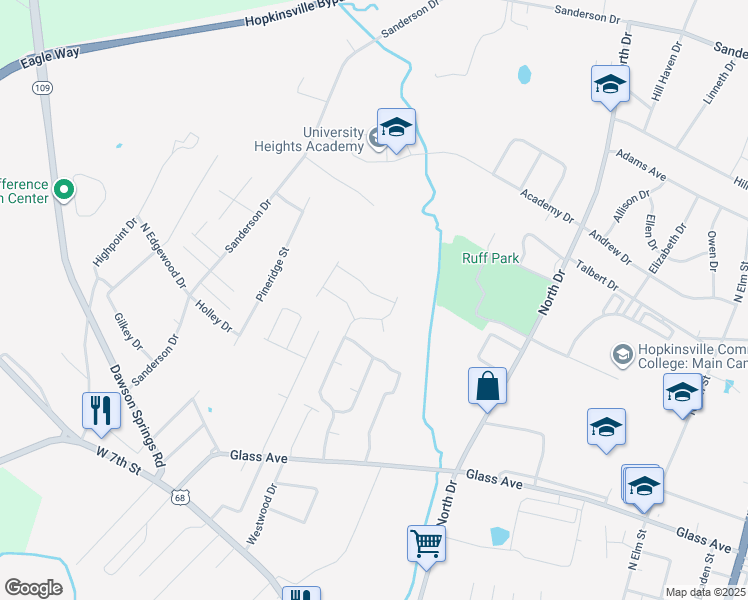 map of restaurants, bars, coffee shops, grocery stores, and more near 1401-1421 Barberry Place in Hopkinsville