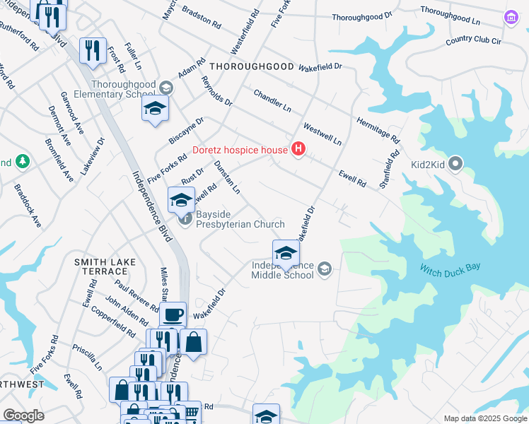 map of restaurants, bars, coffee shops, grocery stores, and more near 1369 Dunstan Lane in Virginia Beach